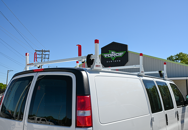 2025 Chevy Express with commercial WeatherGuard ladder rack
